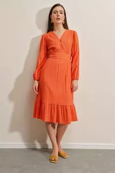 Тканое Платье С Воланом - Оранжевый Bigdart