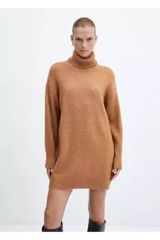 Тканое платье с воротником-водолазкой Mango, коричневый