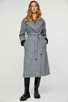 Тканое зимнее пальто из пестрой шерсти с шалевым воротником и элегантным поясом Conquista, серый