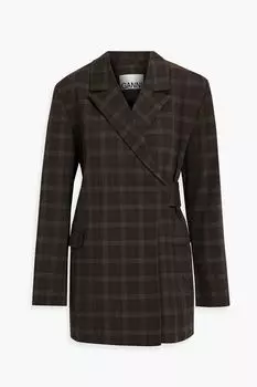 Тканый блейзер в клетку с запахом GANNI, шоколад