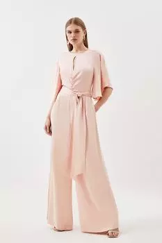 Тканый комбинезон из крепа с атласной спинкой и ангельскими рукавами Karen Millen, розовый