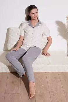 Тканый пижамный комплект с короткими рукавами и эластичным поясом с рисунком и воротником-рубашкой 6097515 Lela, экрю