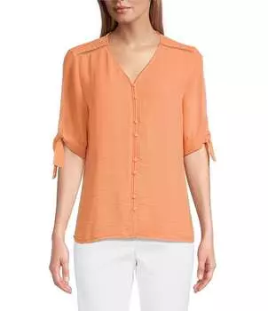 Тканый топ на пуговицах с рукавами 3/4 и V-образным вырезом Investments, оранжевый