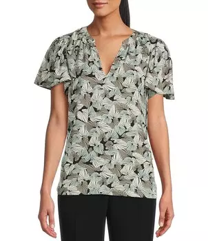 Тканый топ с треугольным вырезом и короткими развевающимися рукавами Kasper, с принтом тропических листьев, мультиколор