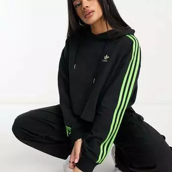 Толстовка Adidas Originals 3 Stripe Cropped, черный/зеленый