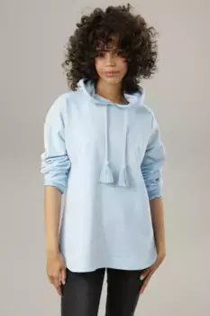 Толстовка Aniston CASUAL, капюшон регулируется декоративными шнурками, голубой
