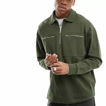 Толстовка Asos Design Oversized Half Zip With Pockets, темно-зеленый