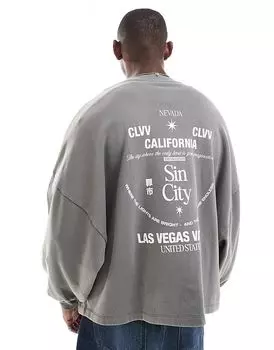 Толстовка экстремально большого размера с фиксированным подолом и принтом на спине в угольном цвете ASOS DESIGN