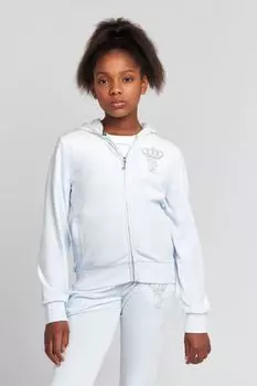 Толстовка для девочек с капюшоном на молнии и аппликацией в виде короны из стразов Juicy Couture, синий