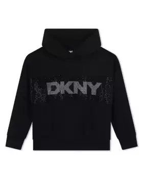 Толстовка для девочки с капюшоном и логотипом из стразов DKNY, черный