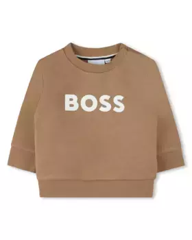 Толстовка для мальчика с круглым вырезом и логотипом спереди BOSS Kidswear, светло-коричневый