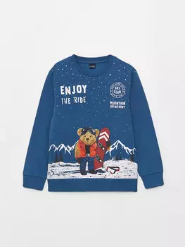 Толстовка для мальчиков с круглым вырезом и длинными рукавами с принтом LCW Kids, средний синий