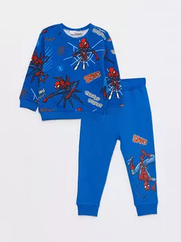 Толстовка для маленьких мальчиков с круглым вырезом и длинными рукавами с принтом «Человек-паук» и спортивный костюм, комплект из 2 предметов LCW baby, темно-синий с принтом