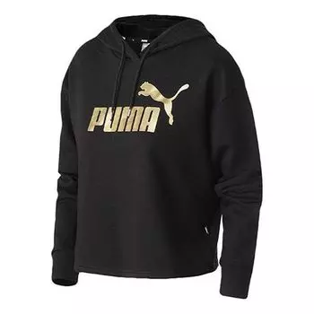 Толстовка essentials+ cropped metallic logo fleece hoodie 'black gold' Puma, черный
