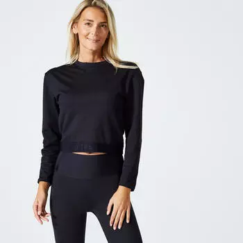 Толстовка FSW500 с длинными рукавами для фитнеса, короткая DOMYOS, черный