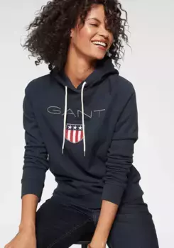 Толстовка Gant "GANT SHIELD SWEAT HOODIE", с большой этикеткой спереди, цвет морской волны
