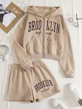 Толстовка и шорты EZwear Plus, графические буквы, застежка-молния, заниженная линия плеча, шнурок Shein, хаки