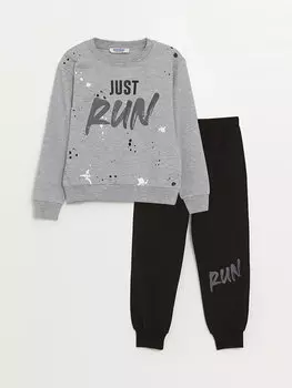 Толстовка и спортивные штаны с длинными рукавами и круглым вырезом для мальчиков с принтом Coppa, серый меланж с принтом