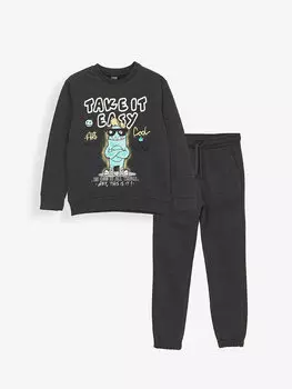 Толстовка и спортивные штаны с длинными рукавами и круглым вырезом для мальчиков с принтом LCW Kids, антрацит меланж