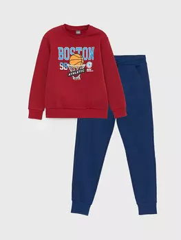 Толстовка и спортивные штаны с длинными рукавами и круглым вырезом для мальчиков с принтом LCW Kids, бургундия