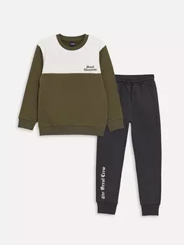 Толстовка и спортивные штаны с длинными рукавами и круглым вырезом для мальчиков с принтом LCW Kids, хаки