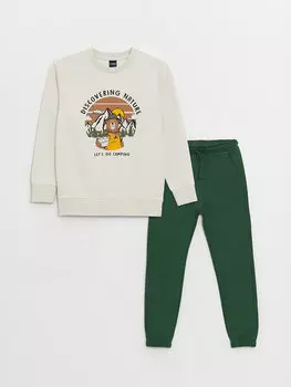 Толстовка и спортивные штаны с длинными рукавами и круглым вырезом для мальчиков с принтом LCW Kids, светло-серый