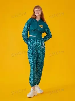 Толстовка и спортивные штаны Shein с буквенным принтом, зеленый