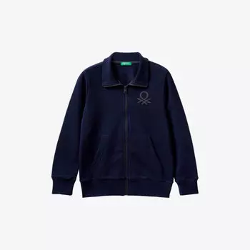 Толстовка из хлопкового джерси на молнии с вышитым логотипом 6–14 лет Benetton, темно-синий