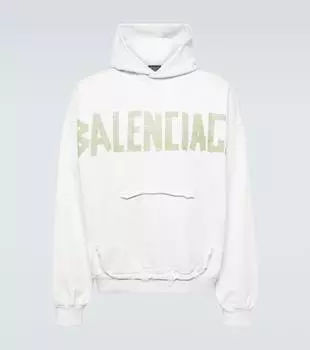 Толстовка из хлопкового флиса с ленточным рваным узором Balenciaga, белый