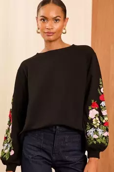 Толстовка из трикотажного джерси с вышитыми рукавами фонариками Love & Roses, черный
