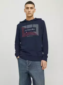 Толстовка Jack & Jones "JJCYRUS SWEAT HOOD: удобный смесовый хлопок с крутым резиновым принтом", универсальная толстовка: приятный свитер, синий
