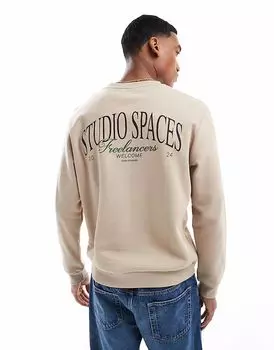 Толстовка Jack & Jones oversize с принтом «студия» бежевого цвета