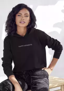 Толстовка LASCANA с тонким принтом спереди, костюм для отдыха, черный