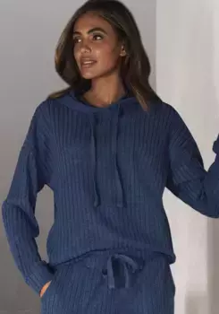 Толстовка LASCANA "толстовка с капюшоном", в крапинку с завязкой и перекрытием плеч, костюм для отдыха, синий