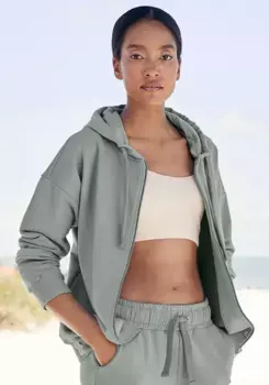 Толстовка LASCANA "Жакет для отдыха", из натурального хлопка, одежда для дома, зеленый