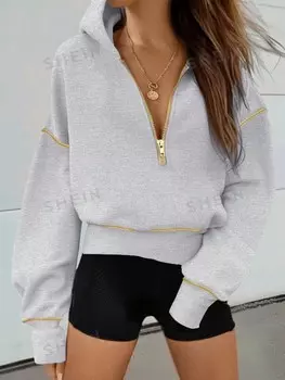 Толстовка LUNE с длинными рукавами, можно носить каждый день, воротник с капюшоном, карман на молнии в повседневном стиле, свисающие плечи для женщин Shein, серый