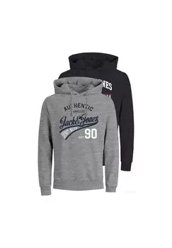 Толстовка мужская, 2 шт. - JJETHAN SWEAT HOOD, пуловер, логотип JACK & JONES, цвет Grau Schwarz