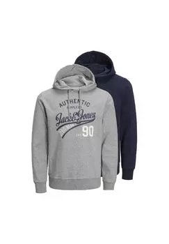 Толстовка мужская, 2 шт. - JJETHAN SWEAT HOOD, пуловер, логотип JACK & JONES, цвет Grau Dunkelblau