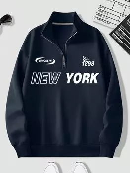 Толстовка мужская с молнией и буквенным принтом, темно-синий