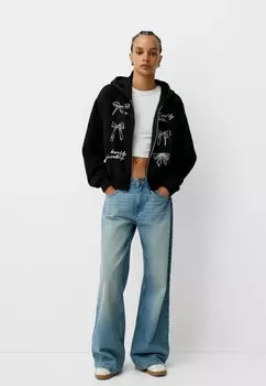 Толстовка на молнии PRINTED Bershka, черный деним