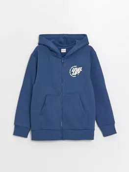 Толстовка на молнии с капюшоном и принтом для мальчиков с длинными рукавами LCW Kids, светло-темно-синий