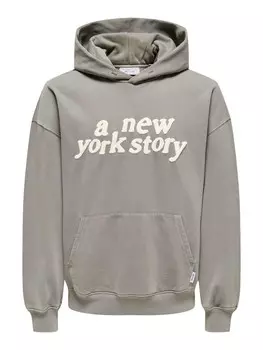 Толстовка Only&Sons Pullover Kapuze druck Knguru Tasche locker, серый