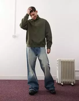 Толстовка oversize из плотного трикотажа с застежкой-молнией на половину длины цвета хаки Weekday