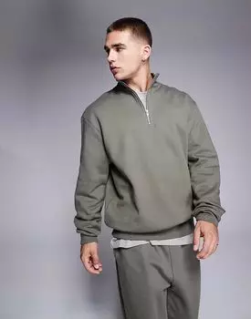 Толстовка оверсайз ASOS DESIGN Premium из плотной ткани цвета хаки с полумолнией, плотность 400 г/м