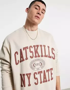 Толстовка оверсайз с университетским принтом ASOS DESIGN, бежевый