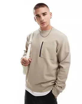 Толстовка оверсайз стираного бежевого цвета Jack & Jones с круглым вырезом и нейлоновым нагрудным карманом