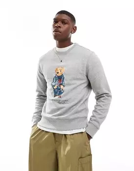 Толстовка Polo Ralph Lauren серого цвета с джинсовым принтом в виде медведя