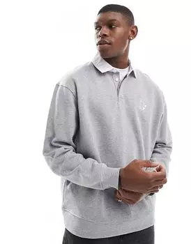 Толстовка-поло свободного кроя с контрастным белым воротником и принтом на груди в сером меланжевом цвете ASOS DESIGN