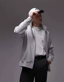 Толстовка премиум-класса с капюшоном и застежкой-молнией серого меланжевого цвета Topman