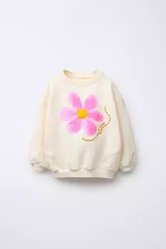 Толстовка с цветочным принтом и вышитым текстом ZARA, экрю
